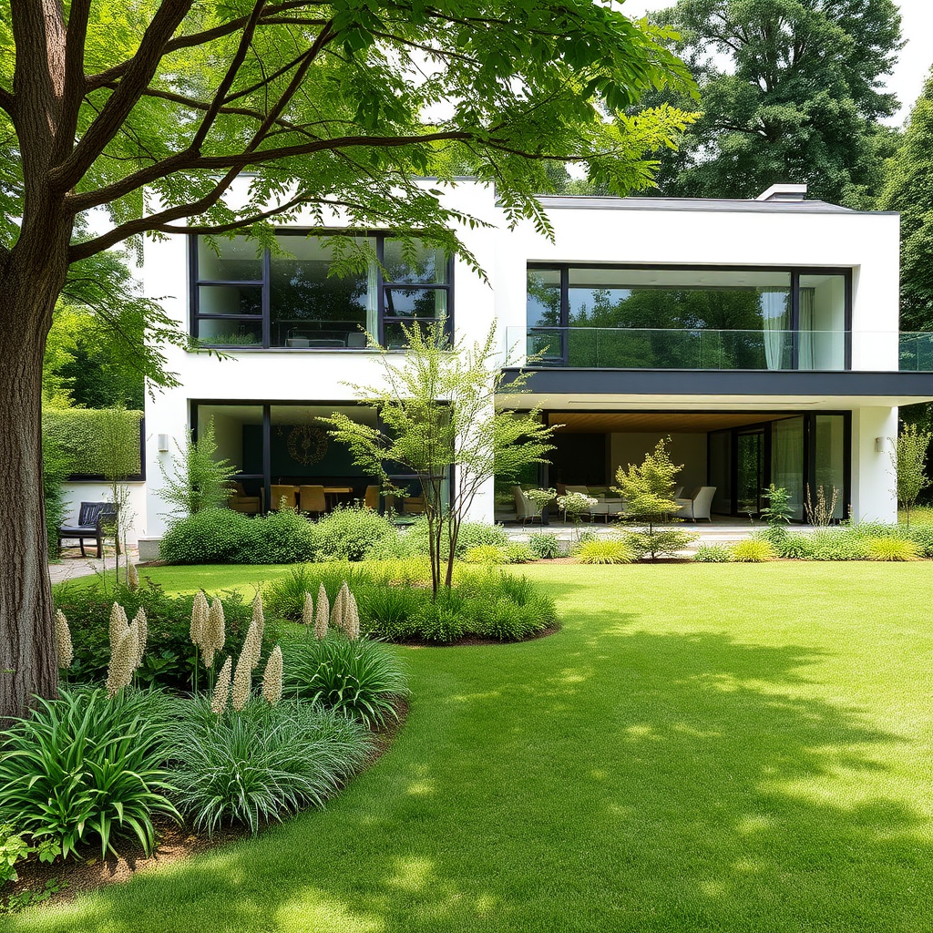 Casa moderna con jardín, fachada contemporánea con ventanas grandes y paisajismo cuidado
