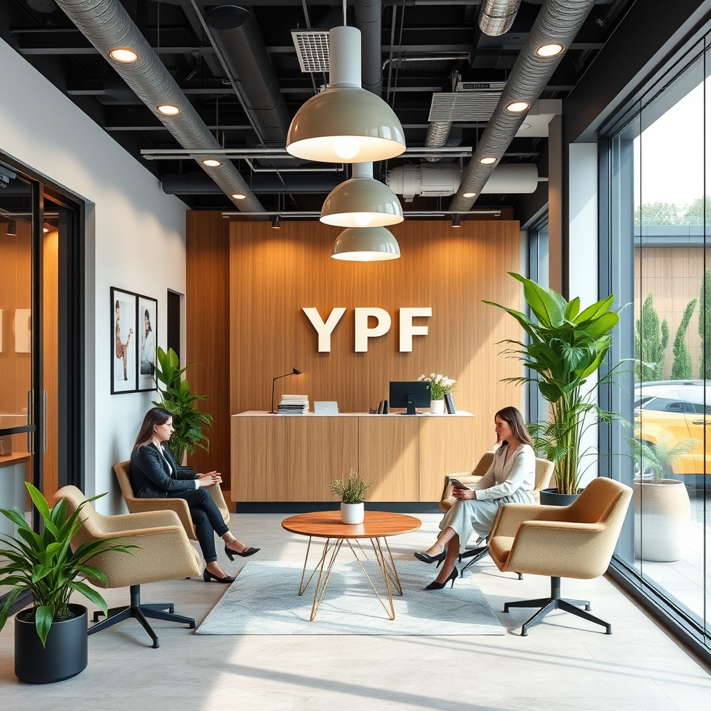 Oficina moderna de YPF con asesores financieros atendiendo clientes en un ambiente profesional y acogedor