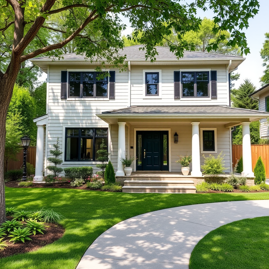 Casa moderna de dos pisos con jardín bien cuidado y entrada elegante, representando el sueño del hogar propio
