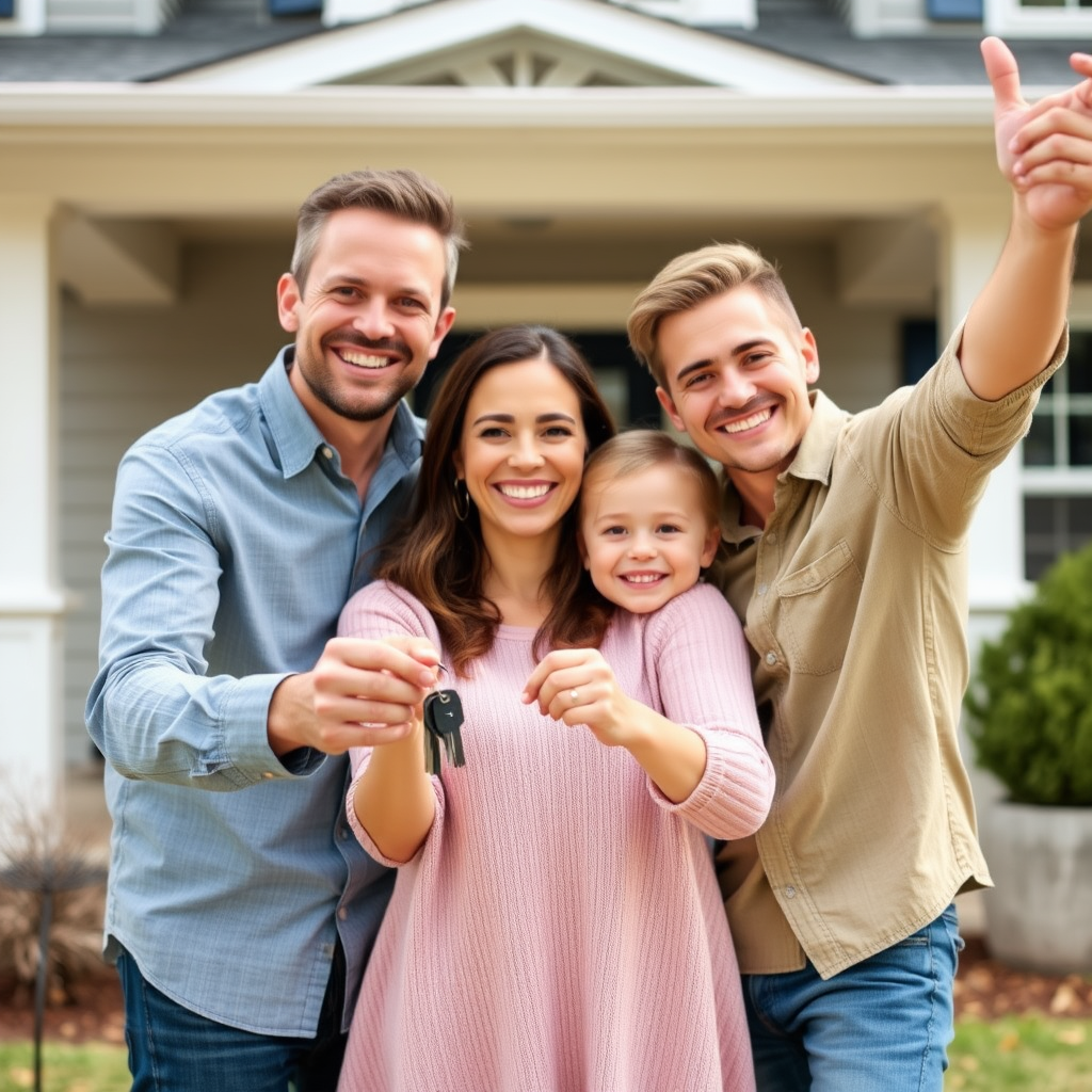 Familia feliz sosteniendo las llaves de su casa nueva, celebrando frente a su hogar recién adquirido con expresiones de alegría y satisfacción